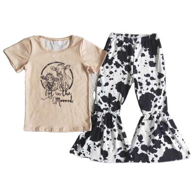 China Baby Formal Clothes Short Sleeve Cattle Print Tops And Milk Print Long Pants Design Pants 2 Pieces Girl Set for sale