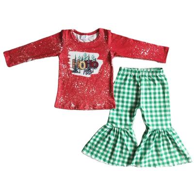 China Formal Toddler Babies Pattern Clothes HOHO Red Print Long Sleeve With Plaid Pants 2 Pcs Green White Girl Fashion Outfits for sale