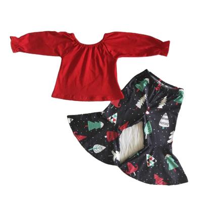 China Formal Kids Clothes Girls Red Long Sleeve Top And Black Bell Bottom Pants Christmas Tree Pattern Girls Boutique Outfits for sale