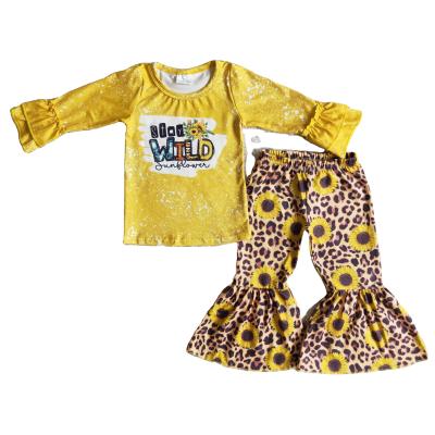 China Formal yellow long sleeve top Leopard-print flared pants with sunflower pattern babies clothes for sale