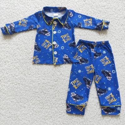 China Formal Boys Clothes Blue Button Long Sleeve Top With Letters Print And Pants Pajama Boutique Outfits for sale