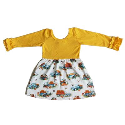 China Autumn Baby Girls Wear Long Sleeve Formal Fashion Dresses Yellow Clothing Car Print Boutique Toddler Girl Wear Dresses for sale