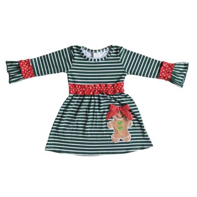 China Baby Formal Dress Dark Green Striped Long Sleeve Dress With Gingerbread Man Pattern for sale