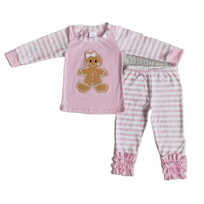 China Formal Baby Clothes High Quality Gingerbread Man Girls Boutique Outfits Long Sleeve Cute Kids Pink Striped Two Piece Pajamas for sale