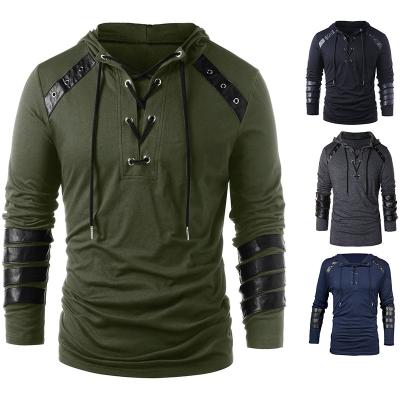 China Customized Mens Clothing 2020 Long Sleeve Mens Leather Strap Breathable Solid Lace Up Hoodie Mens Sweaters for sale