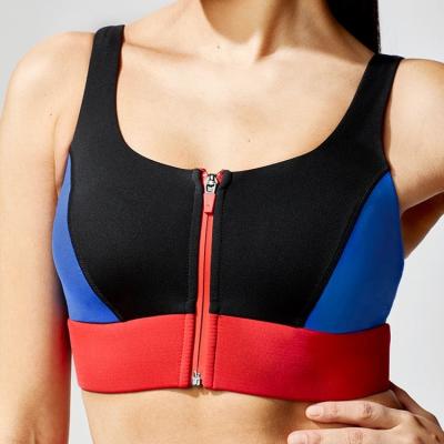 China Breathable Women Color Block Wide Shoulder Straps Front Zip Sports Bra High Impact Sports Bra For Women for sale