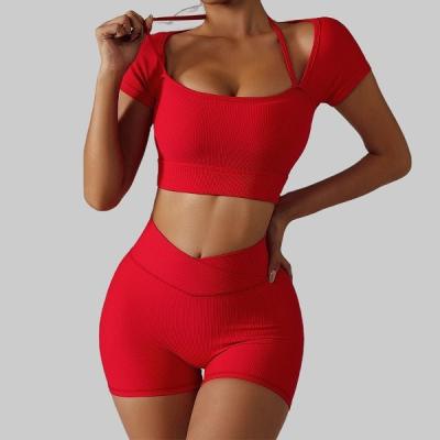 China Breathable Wholesale Customized Logo Halter Neck Crop Top Fitness Wear Two Pieces Short Yoga Sets For Women for sale