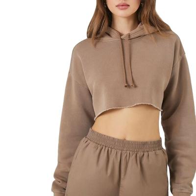 China Breathable OEM Women Crop Top High-Quality Hoodie Long Sleeve Pullover French Terry Cotton Cropped Hoodie for sale