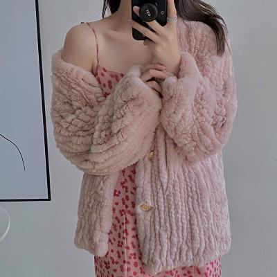 China Genuine Rex Rabbit Fur Knitted Coat Women V-Neck Rex Rabbit Fur Jackets Cute Fashion Style Anti-wrinkle Coat for sale