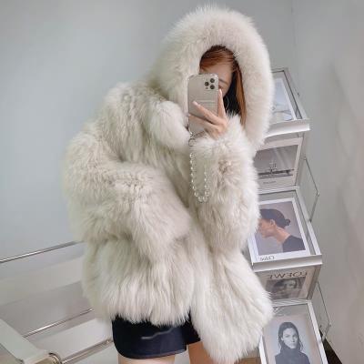 China Real Fox Fur Coat Women Winter Anti-wrinkle 100% Warm Outwear With Hood Genuine Fox Fur Coat for sale