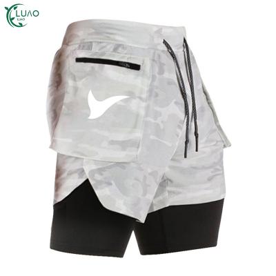 China New Fashionable Breathable Moisture Wicking Camouflage 2 In 1 Mens Shorts With Double Layer Pockets And Zipper Drawstring Plus Size Gym Wear for sale