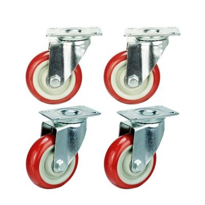 China Amazon Flat Free Hot Sale 4 Packs Of 4 Inch Caster Wheels Swivel Flat On Red Polyurethane Caster Wheels Without Brake for sale