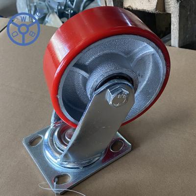 China WBD 125mm Rigid Cast Iron Red PU High Load Capacity Durable Low Noise Industrial Caster Wheel for sale