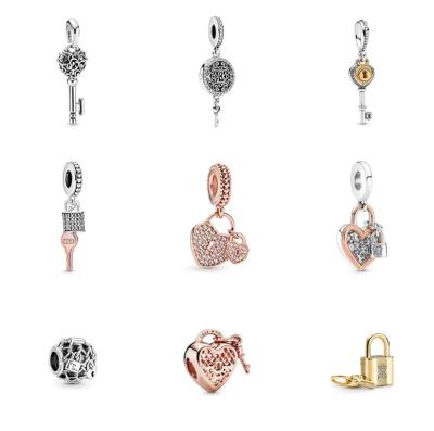 China Wholesale FASHIONABLE 925 Sterling Silver Key Collection Bead Padlock Heart Dangle Charm DIY Jewelry Bracelet Bangle Heading For Women for sale