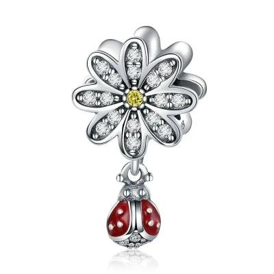 China Fashionable Wholesale CLASSICS 925 Sterling Silver CZ Daisy Flower Ladybug Dangle Charms Fit Bracelet DIY Accessories Jewelry For Women for sale