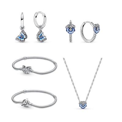 China Wholesale High Quality TRENDY 2023 925 Sterling Silver Blue Floral Necklace set for pandoraer women jewelry earrings bracelet set for sale