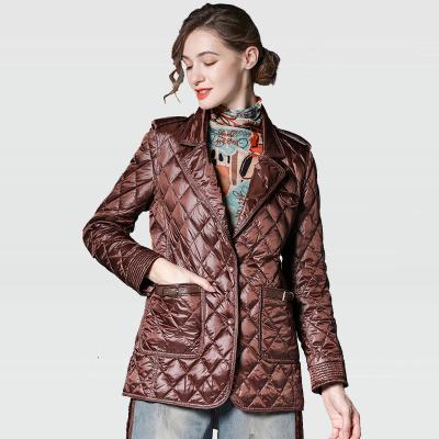 China JANVENY Waterproof Ultra Light Collar Duck Down Coat Female Slim 2021 Winter Fashion Rhombus Suit Fitted Waist Mid Length Warm Stripper Jacket for sale