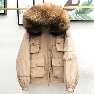 China Waterproof 2020 Newest Keep Warm Real Big Raccoon Fur Collar Waterproof Duck Puffer Coat For Lady Thickened Loose for sale