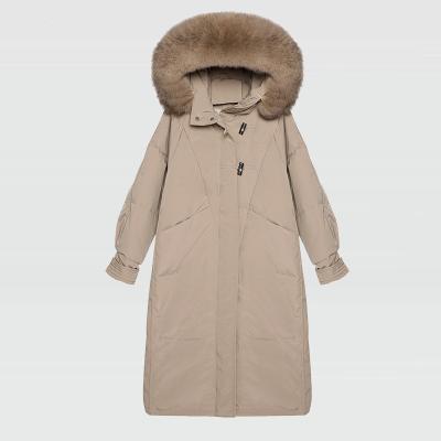 China 2020 Top Selling Real Fur Waterproof Natural Women's Horn Buckle Warm Collar Loose Over The Knee Puffy Feather Coat for sale