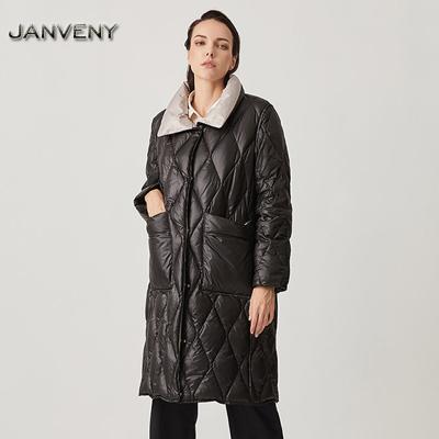 China JANVENY 2022 New Winter Long Pullover Fashion Pocket Waterproof Female Women's Duck Down Jacket Zipper Windproof Casual 90% White Parka for sale