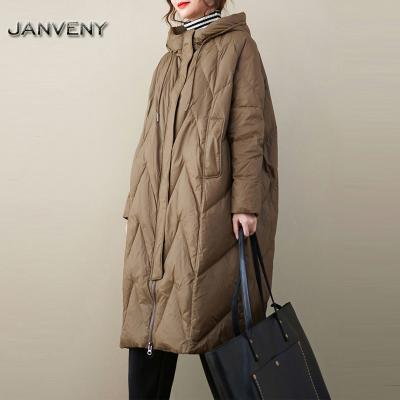 China JANVENY 2022 New Winter Waterproof Above Knee Lingge Duck Down Jacket Women Warm Hooded Loose Thickened Stripper Feather Windproof Coat for sale