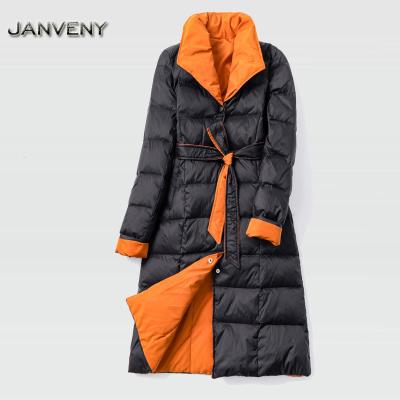 China JANVENY 2022 New Lapel Long Waterproof Light Color Duck Down Jacket Women Splicing Slim Fit Plus Size Above Knee Stripper Coat for sale