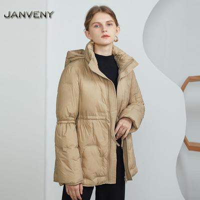 China JANVENY Waterproof 2022 Winter Hooded Removable Stand Collar Down Soft Coat Stripper Windproof Slim Fit Mid Jacket Women Drawstring Length for sale