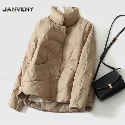 China JANVENY Waterproof 2022 Winter Lightweight Shorts Down Jacket Filling Loose Fit Pocket Buttons Warm Female Single Pique Pocker Stripper Coat for sale