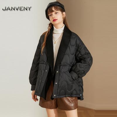 China JANVENY 2022 New Collared Wool Duck Down Short White Parka V-Neck Drawstring Suit New Striper Silhouette Waterproof Loose Coat Women for sale