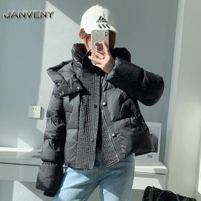 China JANVENY 2022 Slim Fit Loose Warm Thick Duck Down Jacket Ladies White Zippers Stripper Hooded Chic Short Winter Coat Women Waterproof Outwear for sale