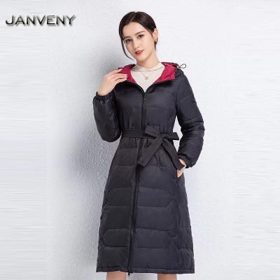 China JANVENY 2022 Waterproof Top Fashion 90% Warm Duck Down Jacket Women With White Belts Slim Long Fit Stripper Plus Size Hooded Parka Outwear for sale