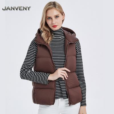 China JANVENY 2022 New Women's Solid Windproof Thermal Vest Warm Soft Thick Female White Short Waterproof Duck Down Vest With Hood Large Size for sale