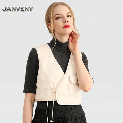 China JANVENY 2022 New Autumn Loose Spring V-Neck Stripper Waterproof Vest Women's Short Section Lace Up Light Weight 90% Duck Down Waistcoat White for sale