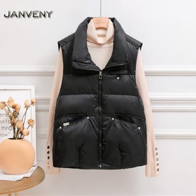 China JANVENY 2022 Hottest Women Waterproof Stand Up Collar Zip Up Stripper Vest Packable Female Lightweight Drawstring Stitched Bubble Down Vest for sale