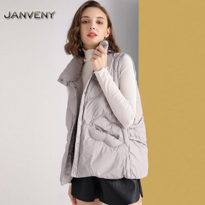 China JANVENY 2022 New Winter Waterproof Luxury Duck Down Vest Women Solid Color Stand Collar White Loose Fit Edge Adjustable Puffy Vest for sale