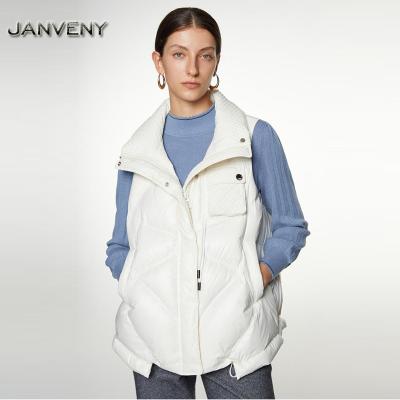 China JANVENY 2022 New Winter Duck Down Vest Coat Loose Fit Lightweight Vest Coat Women Warmth Windproof Waterproof Adjustable White Brim for sale