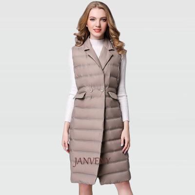 China JANVENY New Autumn Long Down Vest Two Button Women's Slim Sleeveless Thin Waterproof Jacket Women Windproof Lightweight Warm Vest for sale