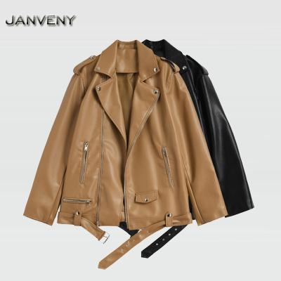 China QUICK DRY Autumn Faux Leather Jacket Women Loose Casual Drop-Shoulder Spring JANVENY Locomotive Zipper With Belt PU Coat for sale