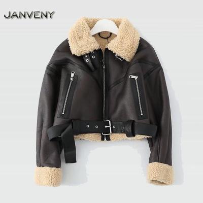 China JANVENY 2022 New QUICK DRY Luxury Women Faux Leather Fur Sheepskin Coat Thick Female Patchwork PU With Zipper Motorcycle Ladies Parka Coat for sale