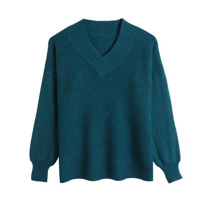 China Women Waterproof V-Neck Wool Long Sleeve Casual Loose Pullover Solid Color Knitted Sweaters for sale