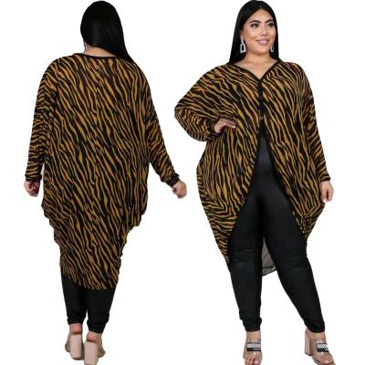 China Plus Size Plus Size 2XL-6XL Women Striped Print Coats 2021 Spring New Arrivals Ladies V-Neck Full Sleeve Mid-Calf Cardigan for sale