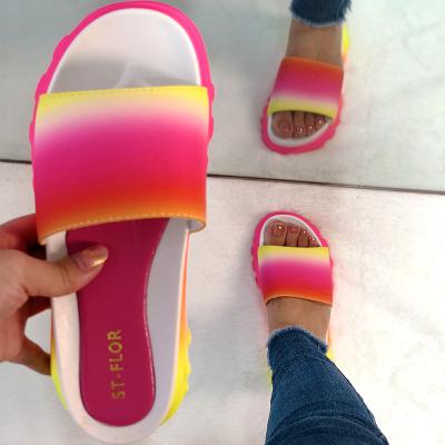 China Anti-skid women sandals platform 2021 summer slippers for women female gradient color slipper slides shape candy color beach shoes for sale