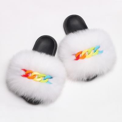 China Fashion Trend Real Fox Fur Slippers Fluffy Slippers Flip Flops Shiny Chain Plush Fur Slides Home Beach Flat Sandals Women Fashion Shoes for sale