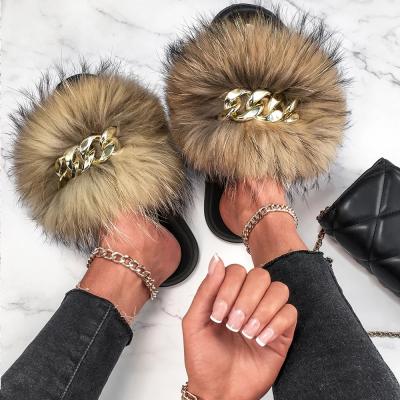 China Fashion Trend Flip Flops Real Fox Raccoon Designer Golden Chain Furry Fluffy Fur Slides Plush Beach Slippers Women Summer Sandals for sale