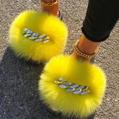 China Fashion Trend Fox Sandals Furry Flip Flops Diamond Chain Real Fur Slippers Fluffy Slides For Women Ladies Bedroom Slippers Beach Flat Shoes for sale