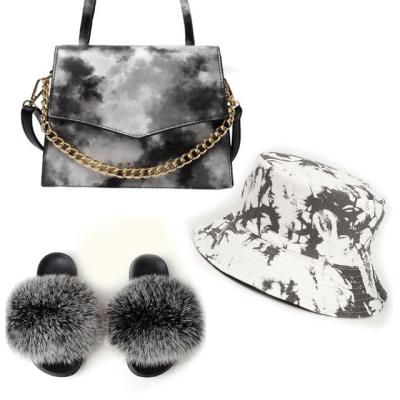 China Fashion Trend Real Fox Fur Slides And Baseball Cap Purses Matching Women's Shoes Designer Colorful Hat And Fashion Hairy Slippers With Bags for sale