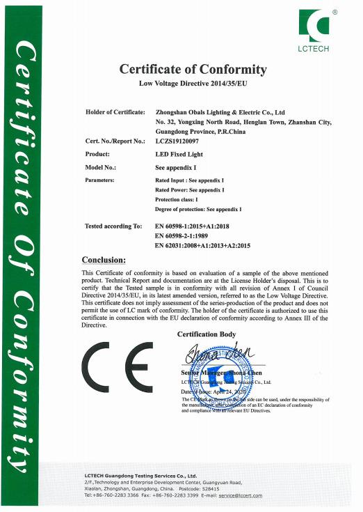 CE - Zhongshan Obals Lighting & Electric Co., Ltd.