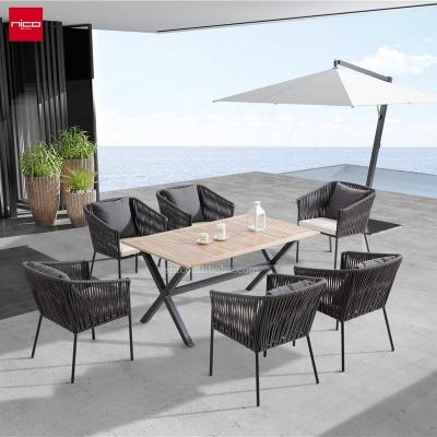 China Modern Wood Garden Furniture Outdoor Teak Table Dining Rope Chair Garden Set Set for sale