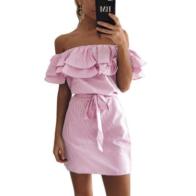 China 2022 hot-selling breathable spring and summer popular off the shoulder women's striped ruffle sleeve dress for sale