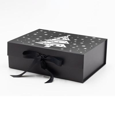 China Recyclable Custom Printed Luxury Black Paper Santa Present Christmas Gift Boxes With Ribbon for sale